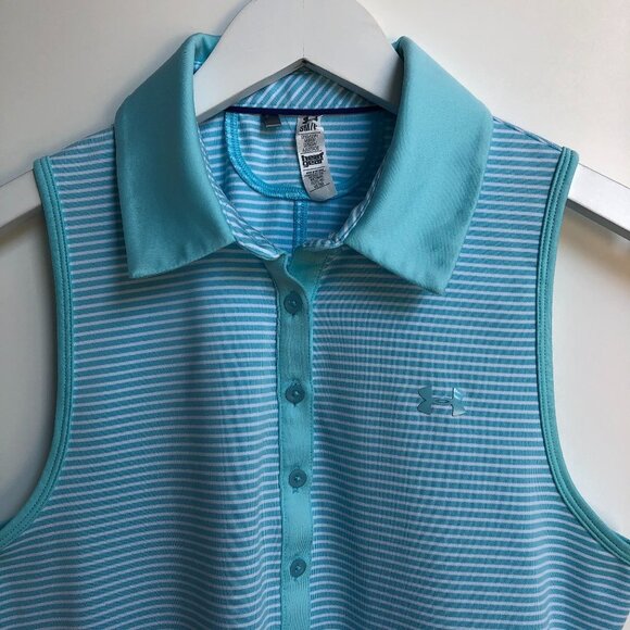 Under Armour Heat Gear Slvless Fitted Stripped Golf Top Turquoise Blue+Wht Sz S - Picture 3 of 10